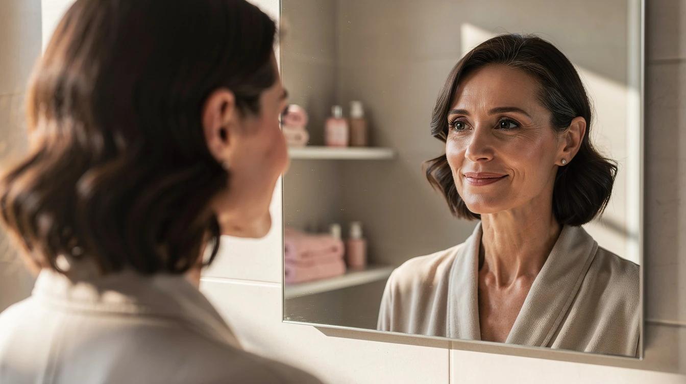 Confident woman in her 40s with glowing, even-toned skin looking in a mirror