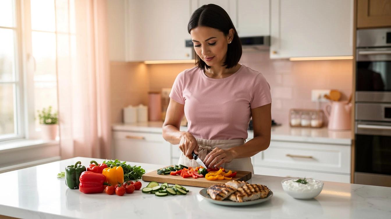 Woman preparing a colorful protein-rich meal in a bright kitchen