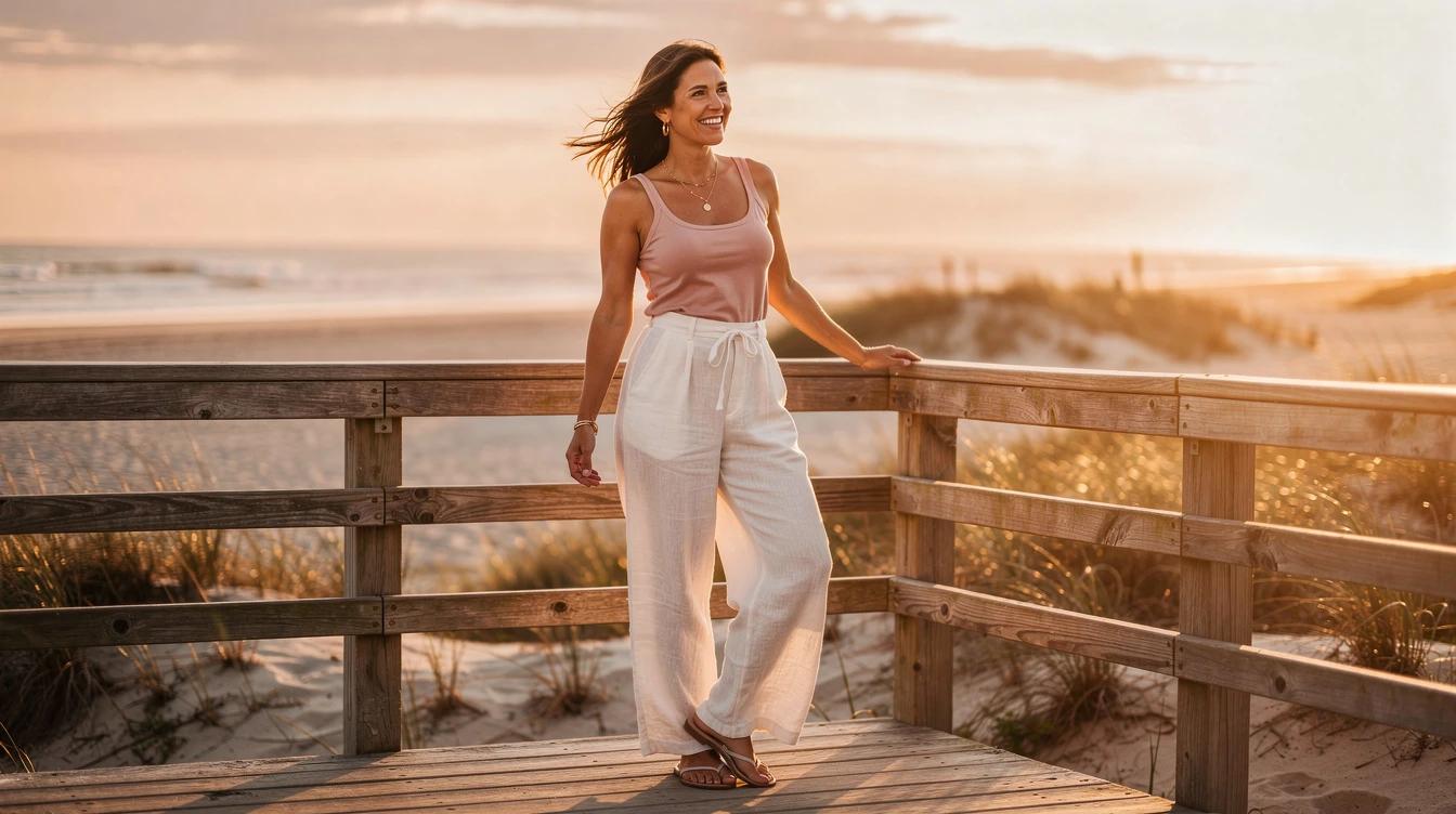 Confident woman in summer attire standing on beach boardwalk at golden hour