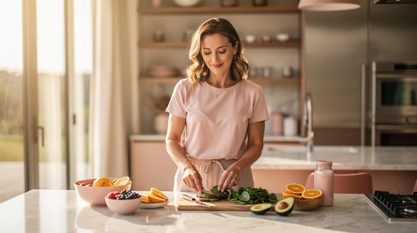 Confident woman in her forties enjoying a healthy morning routine in a bright kitchen
