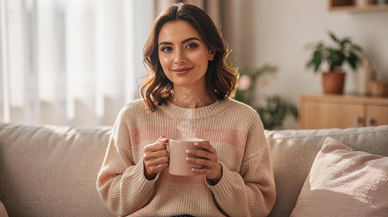 Confident woman in her thirties enjoying a calm morning at home with natural light