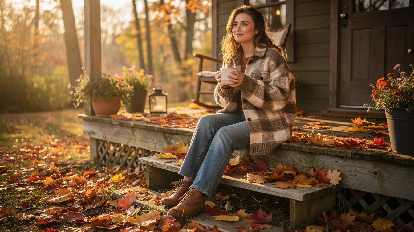 A young woman wrapped in a cozy sweater holding a coffee mug on a porch surrounded by fall leaves