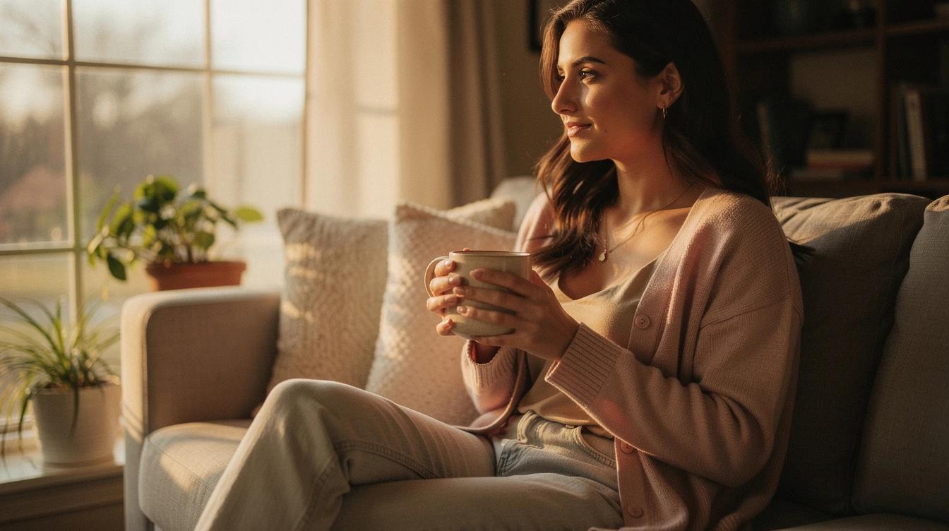 Young woman sitting by a sunlit window in a cozy Nashville home, holding a coffee mug