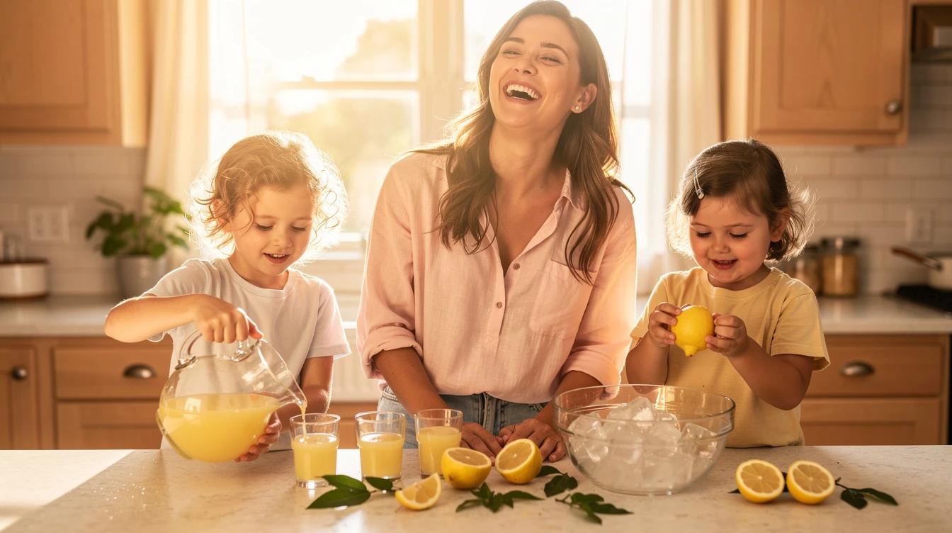 Young woman laughing with two younger kids in a sunny kitchen making lemonade
