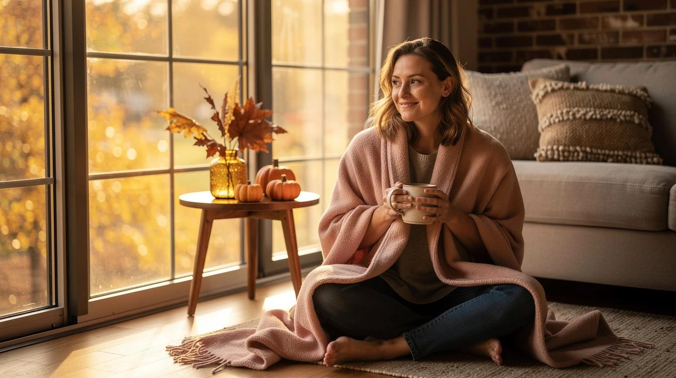 Young woman wrapped in a blush throw blanket by a window with fall light