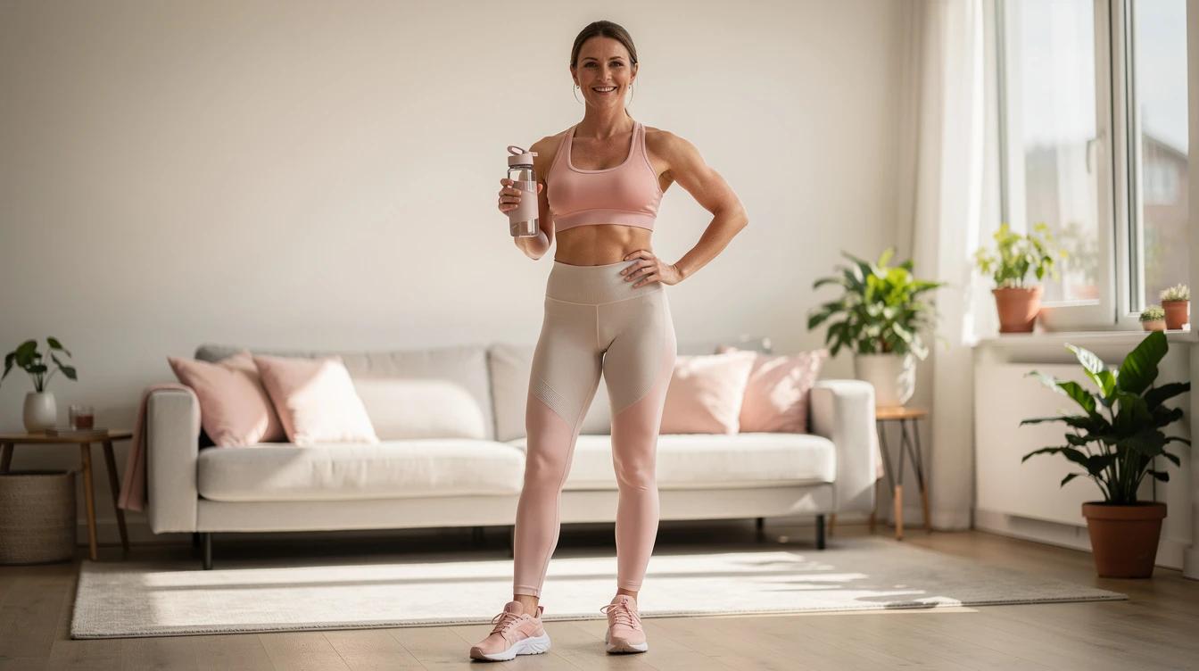 Woman in athletic wear smiling confidently after a workout at home