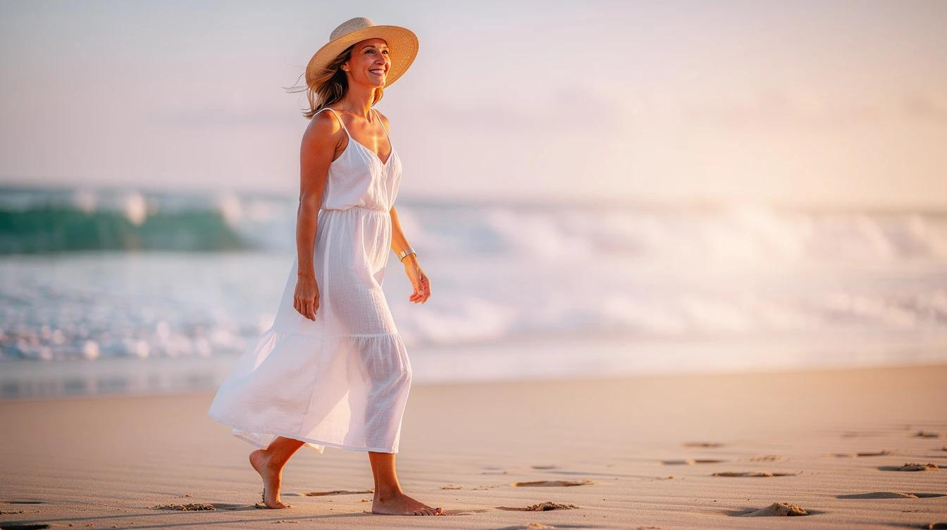 Confident woman in summer attire walking along a sunny beach