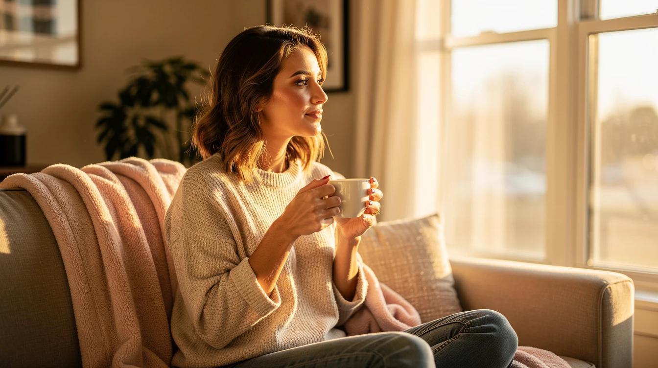Young woman sitting by window with coffee cup, looking thoughtful