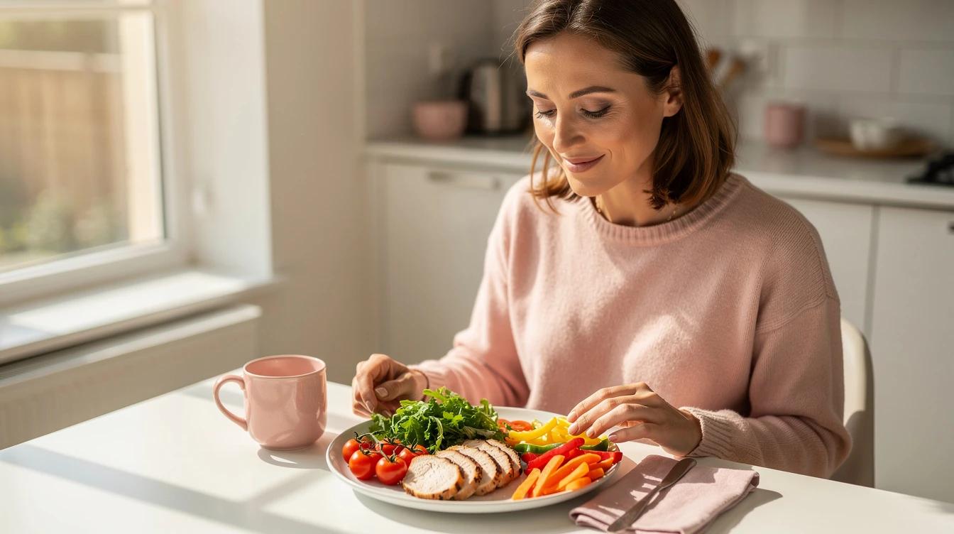 Woman over 40 enjoying a balanced plate with protein and vegetables in a bright kitchen
