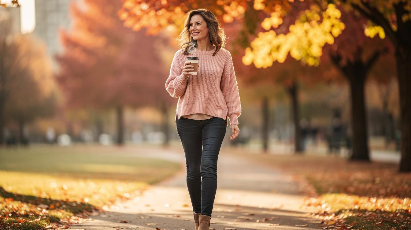 Confident woman in her forties enjoying a crisp autumn morning walk with a warm coffee