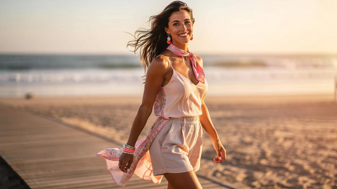Confident woman in summer attire walking along a sunny beach boardwalk