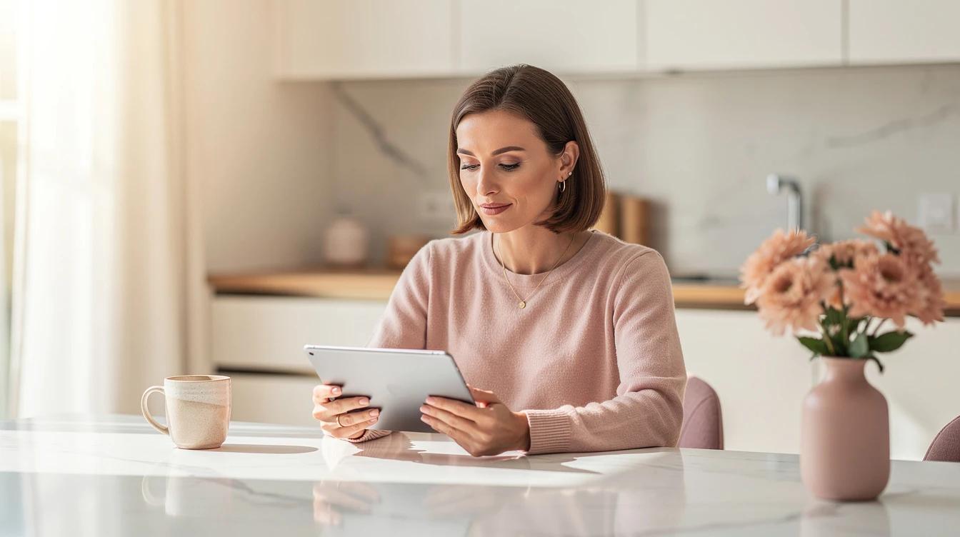 Confident woman reviewing her wellness options at a bright kitchen table