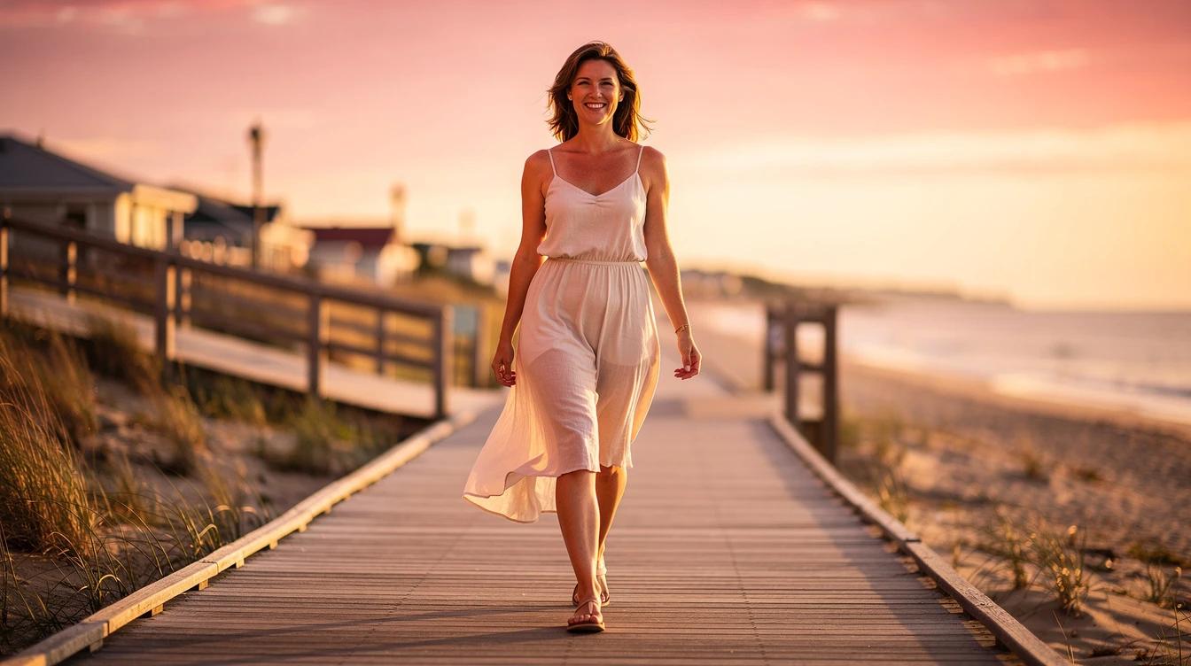 Confident woman in stylish summer outfit walking along sunny boardwalk