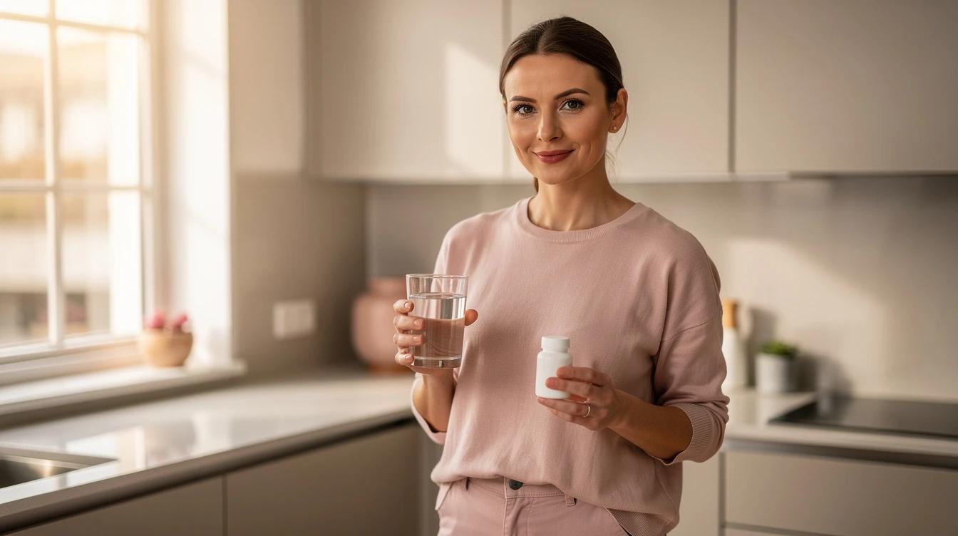 Confident woman in a bright kitchen holding a glass of water and a small medication bottle