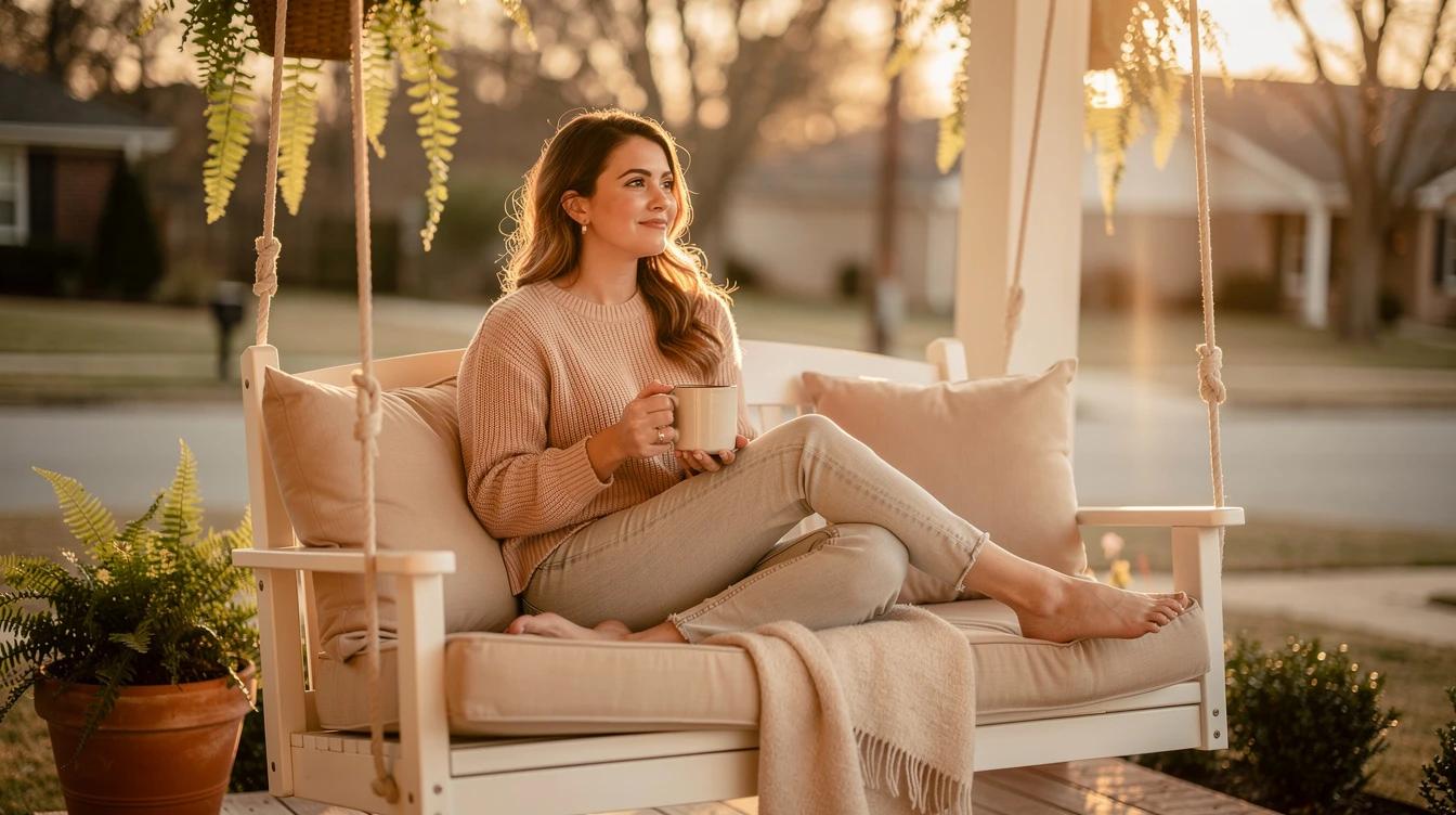 Young woman sitting on a porch swing at golden hour with a coffee mug