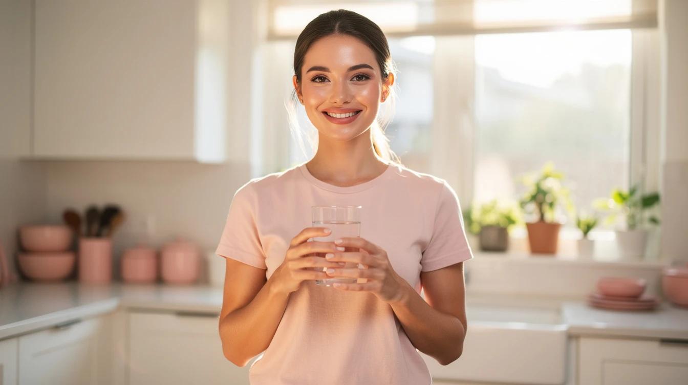 Confident woman with radiant skin enjoying summer sunlight in a bright kitchen