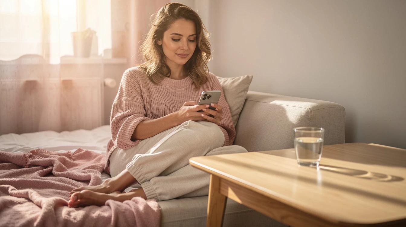 Woman checking her phone alarm beside a glass of water in morning light