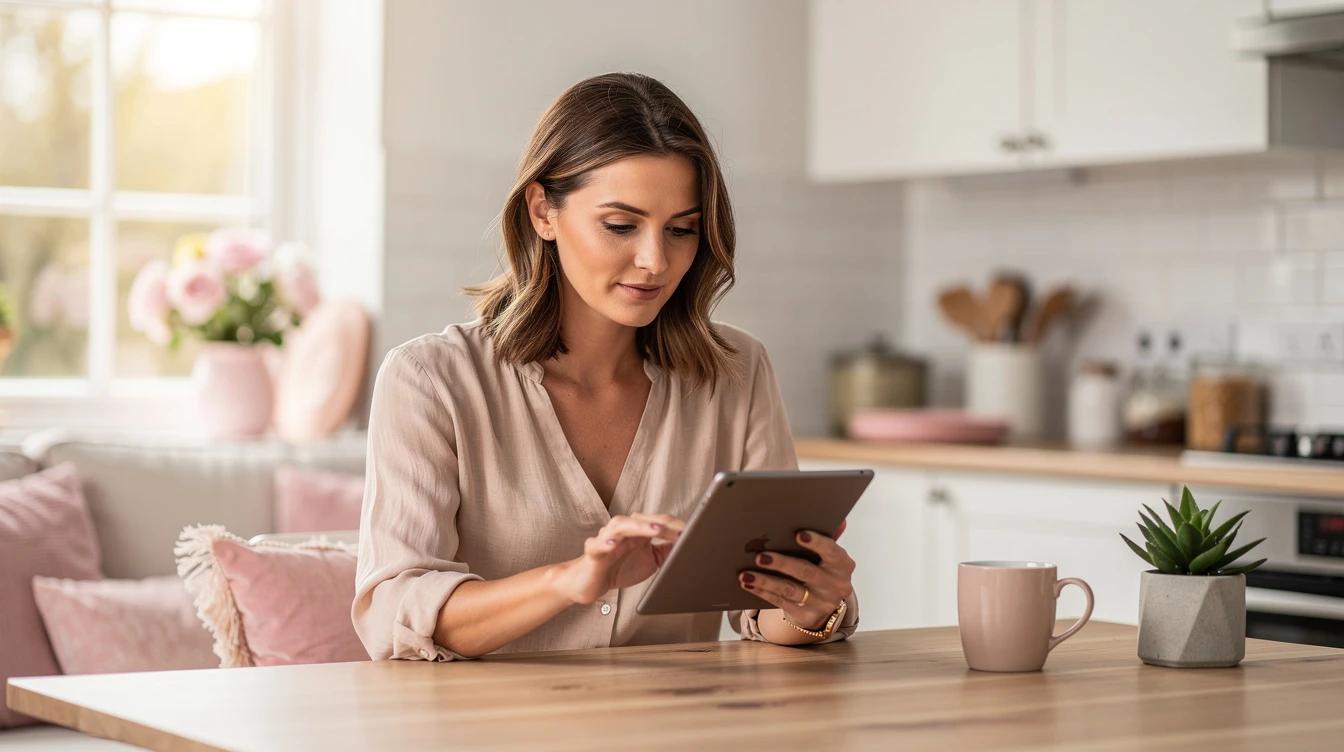 Confident woman in her thirties reviewing weight loss options at a bright kitchen table