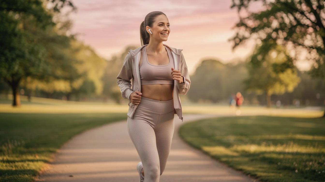Confident woman in athletic wear enjoying a sunny morning walk in a park