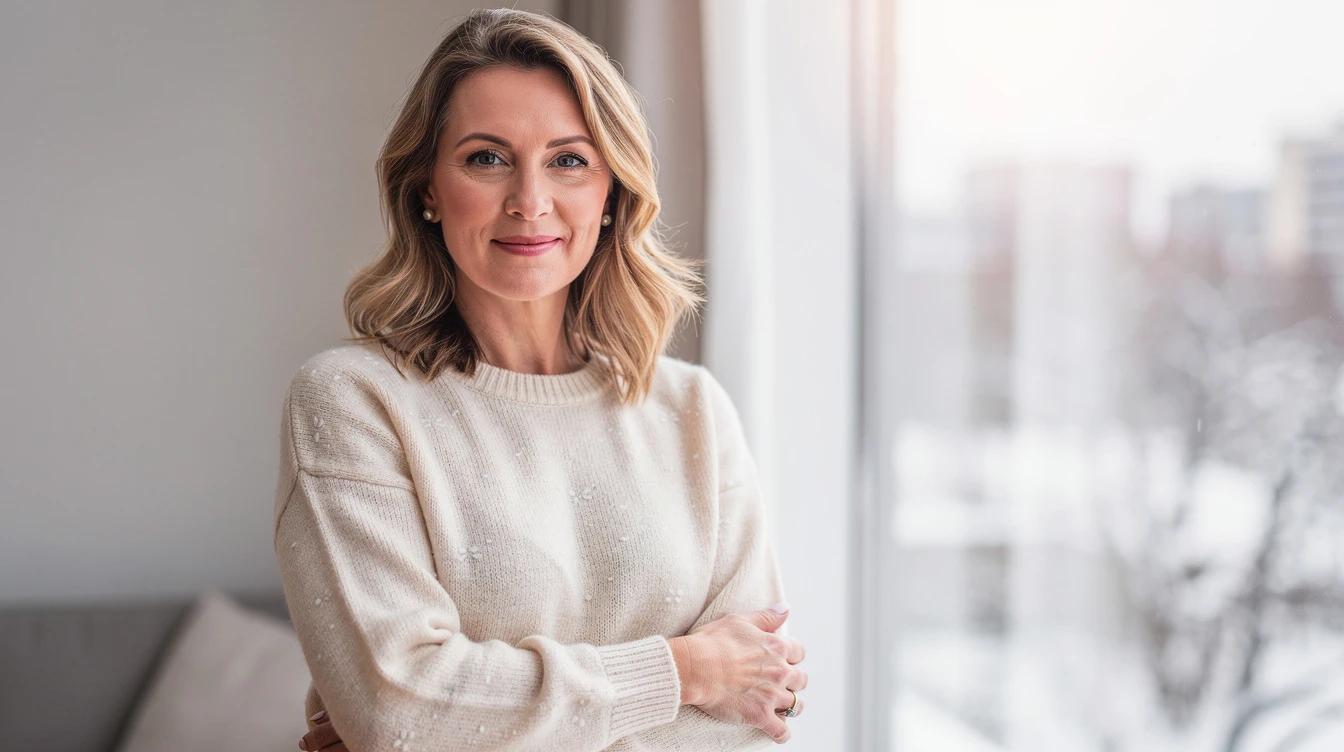 Confident woman in her forties wearing a cozy sweater by a bright window in winter