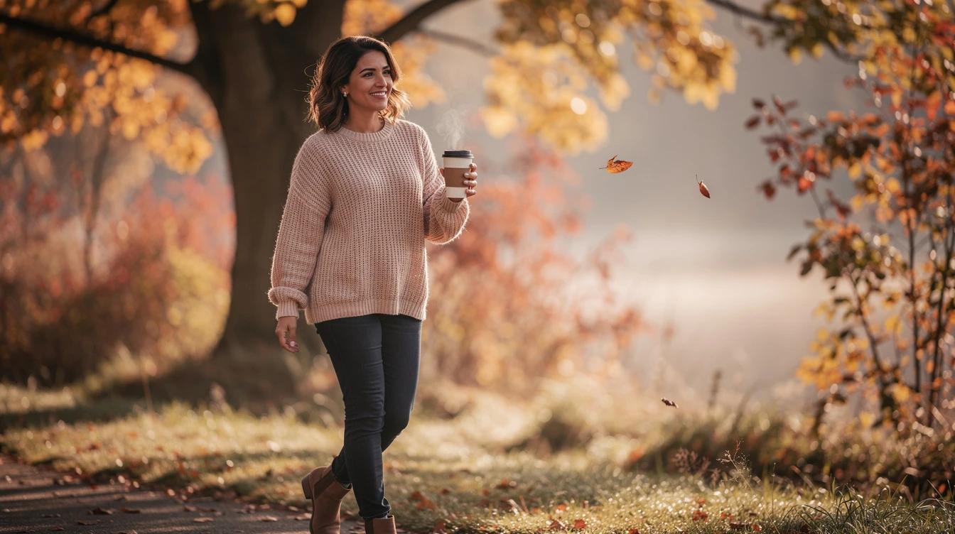Confident woman in her late 30s enjoying an autumn morning walk with a warm coffee
