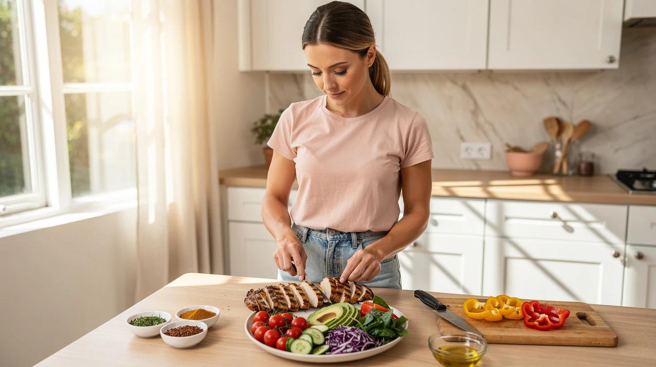Woman in her late thirties preparing a colorful protein-rich meal in a bright kitchen