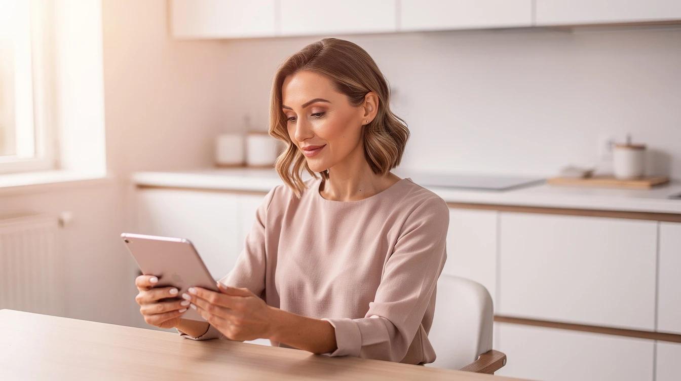 Confident woman in her thirties reviewing wellness information at a bright kitchen table