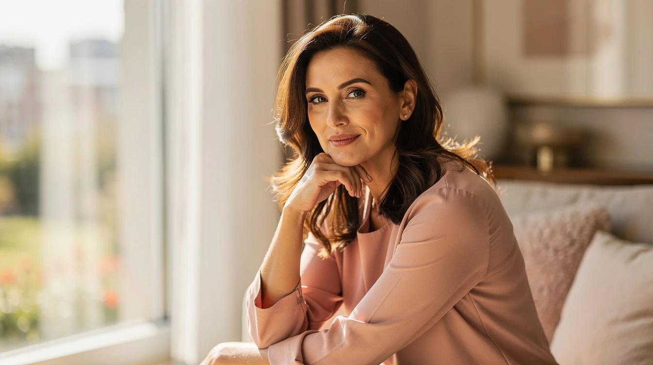 Confident woman in her forties reflecting thoughtfully by a bright window