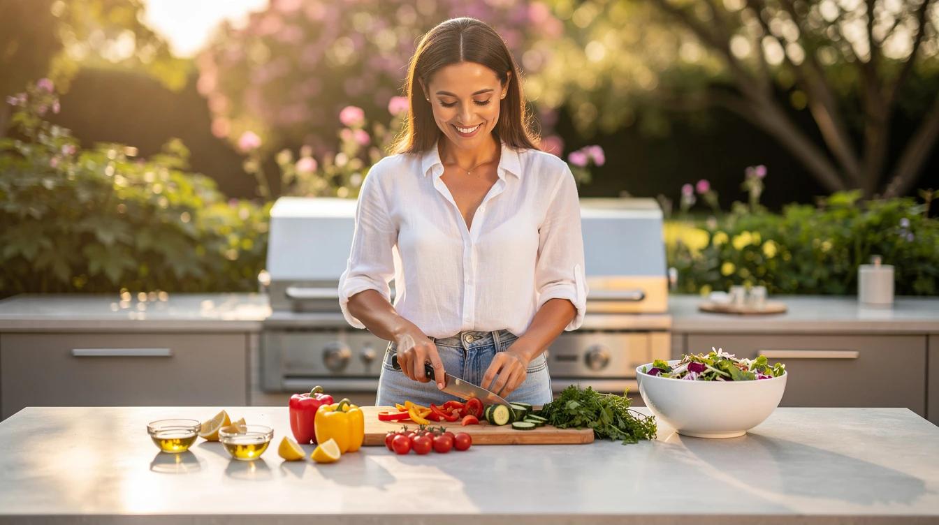 Confident woman in summer attire preparing healthy food at an outdoor kitchen