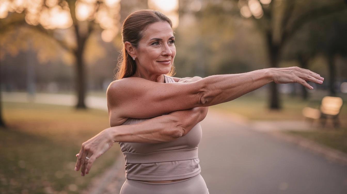 Confident woman in her forties stretching outdoors in athletic wear during golden hour