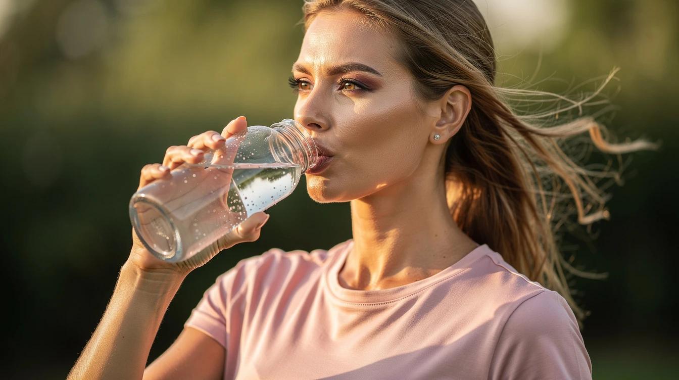 Woman drinking water from a glass bottle outdoors in warm summer sunlight