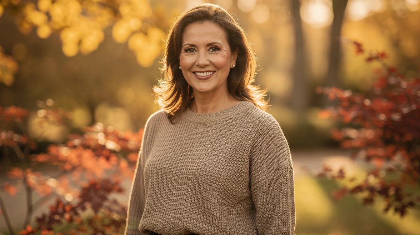 Confident woman in her forties smiling outdoors in autumn light