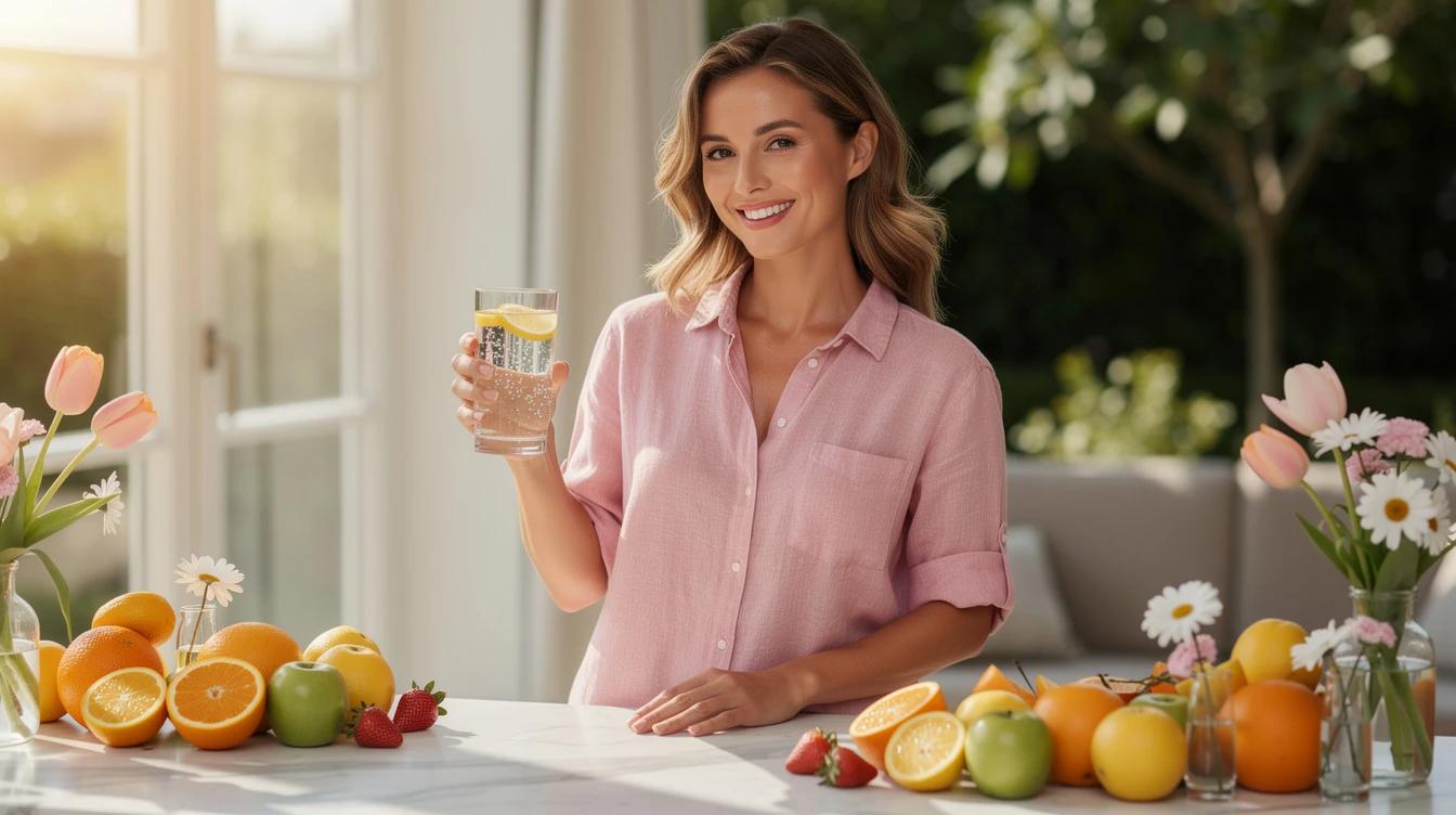 Woman enjoying spring morning with glass of water and fresh fruits