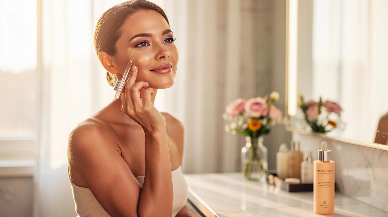 Woman with glowing skin applying skincare in bright natural light