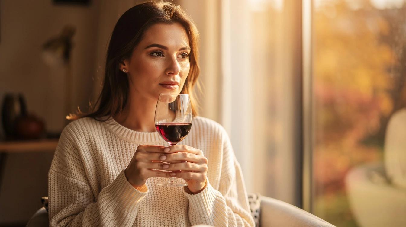 Woman in autumn sweater thoughtfully holding a glass of red wine near a window