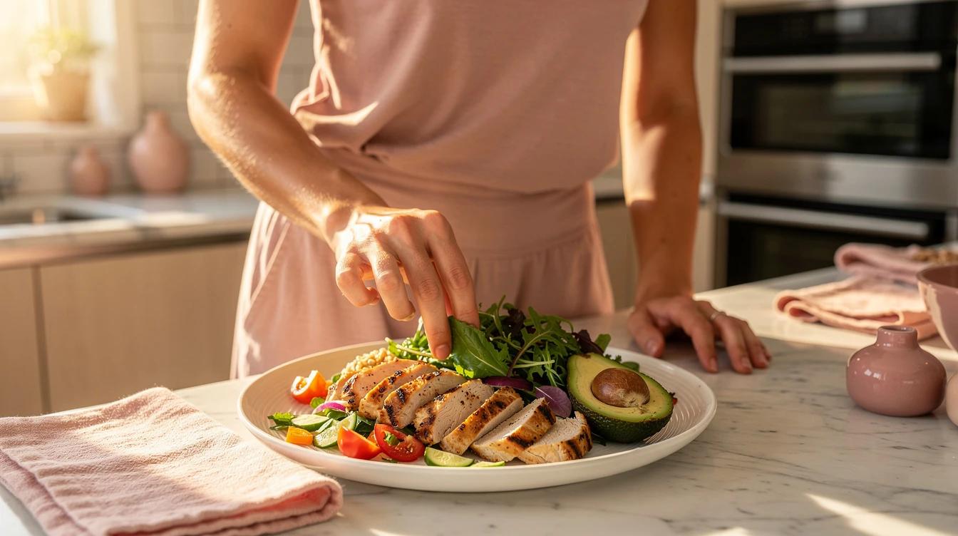 Woman preparing a high-protein colorful meal in a sunlit modern kitchen