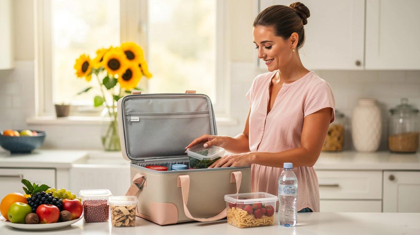 Woman packing a travel cooler bag for a summer trip