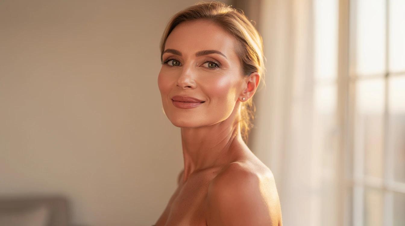 Confident woman over 40 with glowing, healthy skin looking in natural morning light