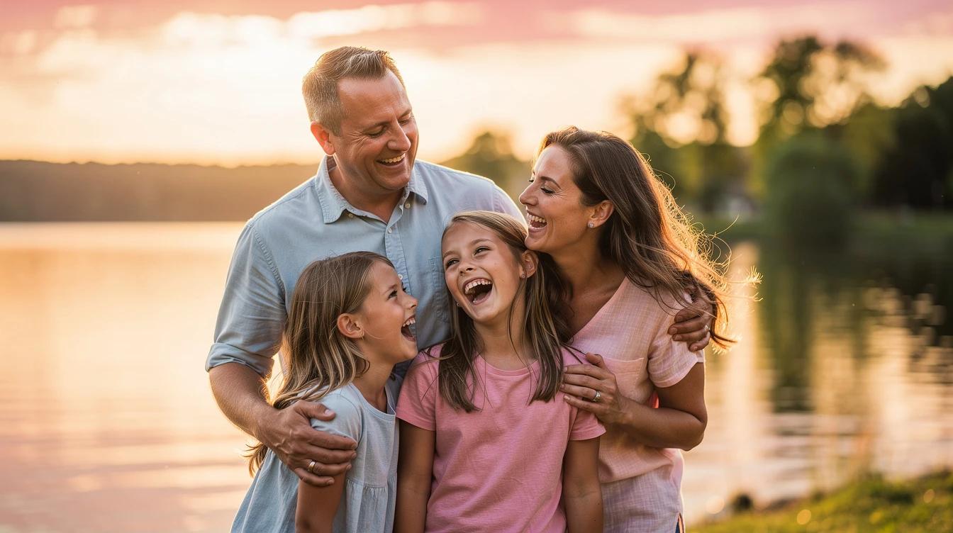 Family laughing together outdoors on a warm summer evening