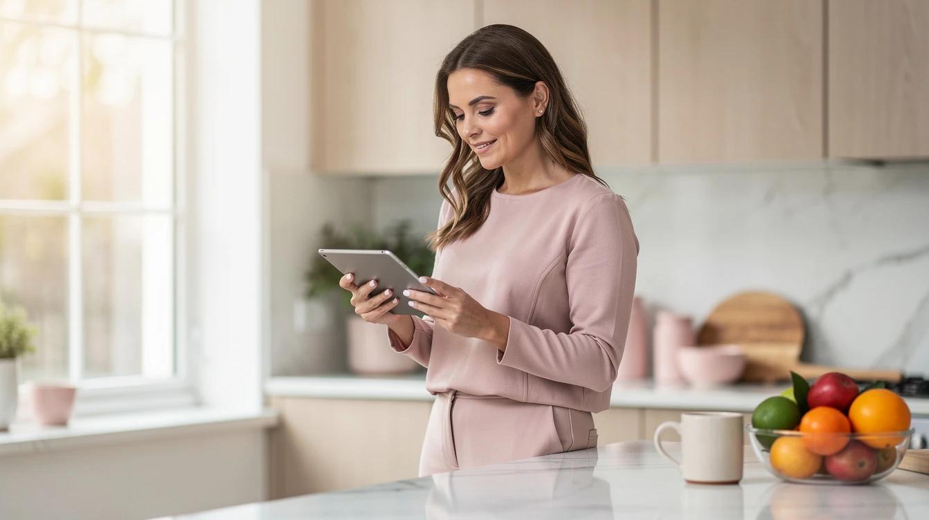 Confident woman in her thirties reviewing health information on a tablet at a bright kitchen counter