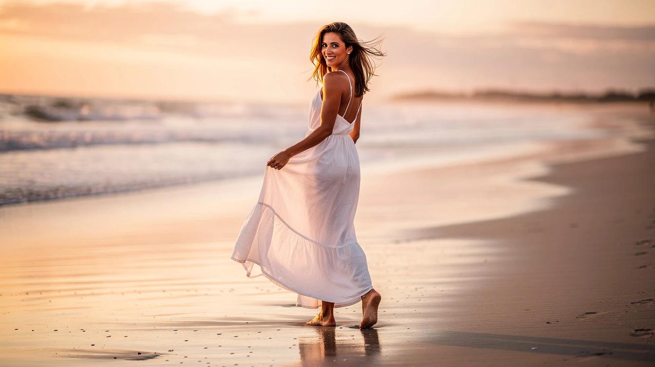 Confident woman in summer attire walking along a sunlit beach