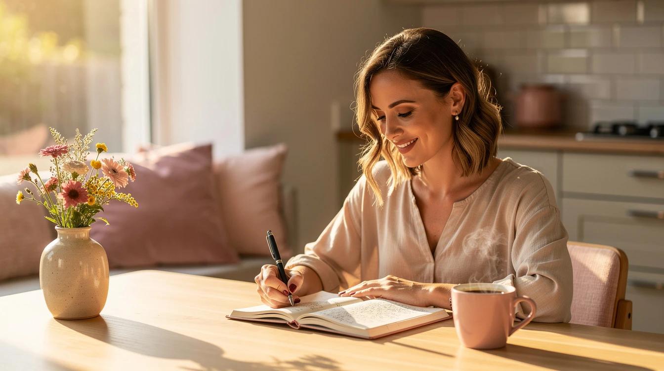 Confident woman journaling with a cup of coffee at a sunlit kitchen table in late summer