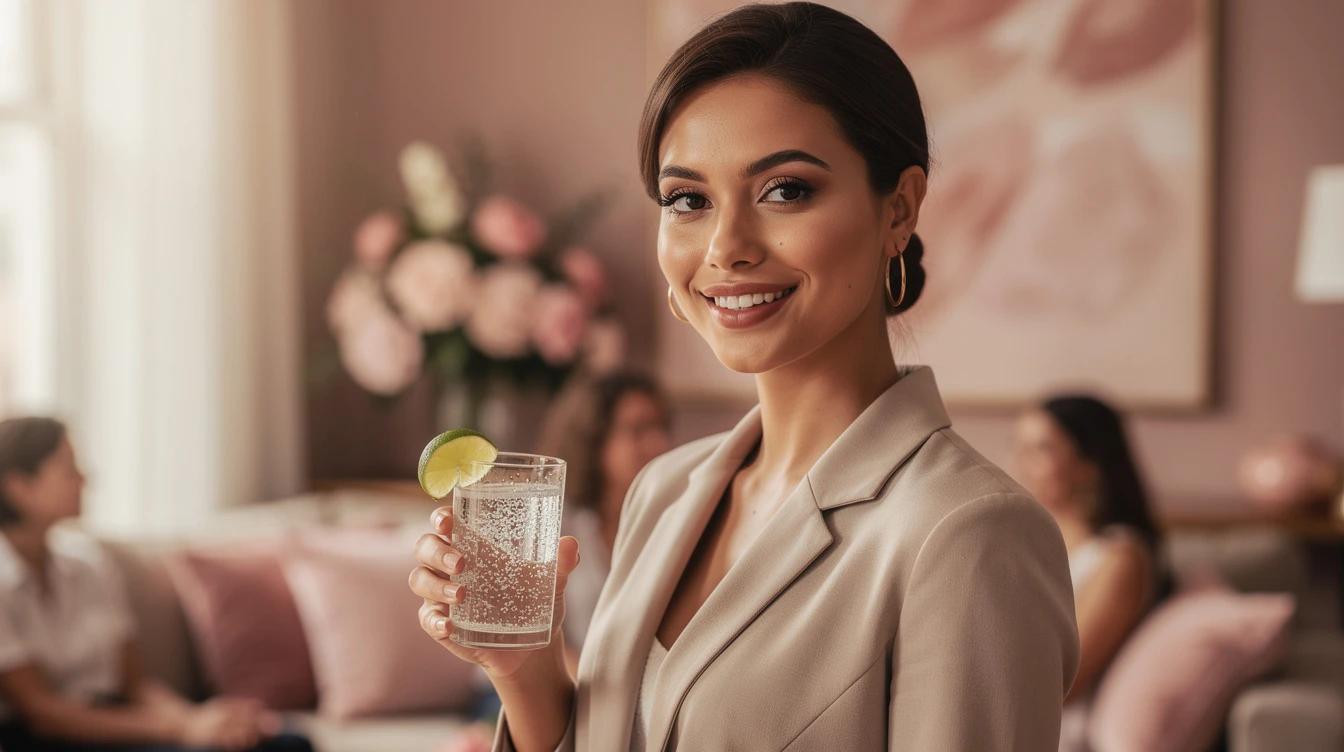 Confident woman holding a sparkling water with lime at a social gathering