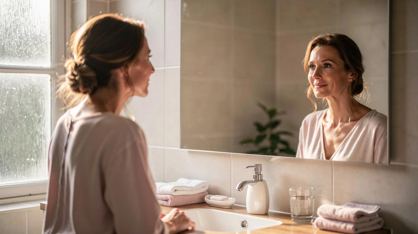 Confident woman in her 40s with healthy glowing skin looking in a mirror in natural morning light