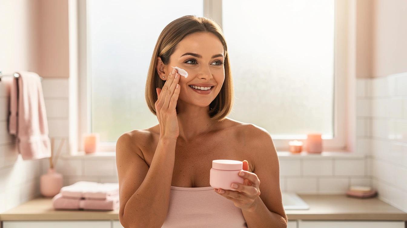 Confident woman applying skincare in bright natural summer light