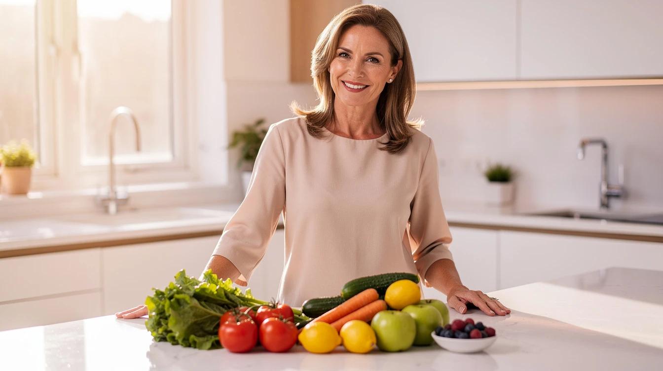 Confident woman in her forties smiling in a bright kitchen with fresh produce