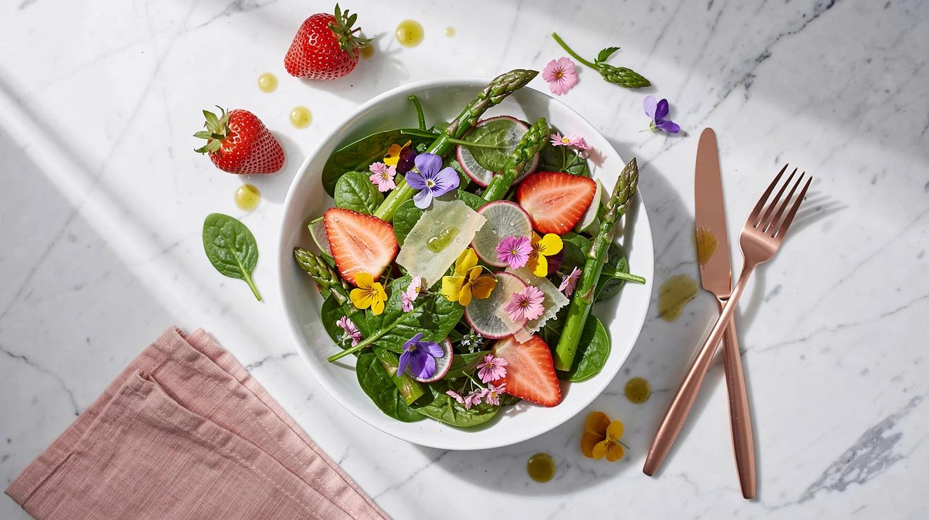 Fresh spring salad with colorful vegetables and herbs