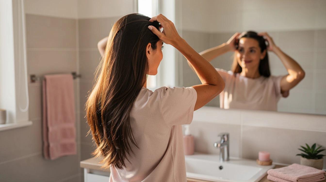 Confident woman running her fingers through healthy hair while looking in a bright bathroom mirror