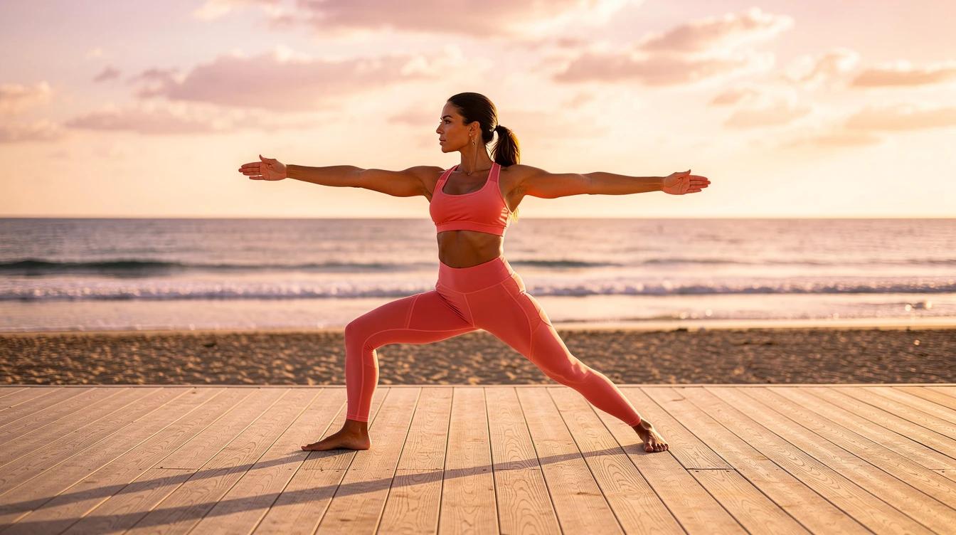 Woman doing yoga on a beach at sunrise with ocean waves in background