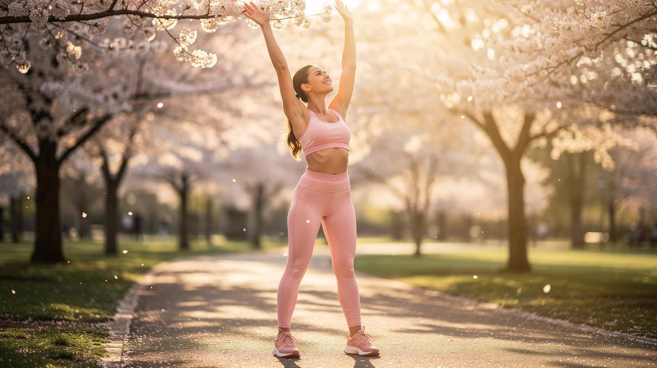 Woman stretching outdoors on a sunny spring morning with blooming flowers in the background